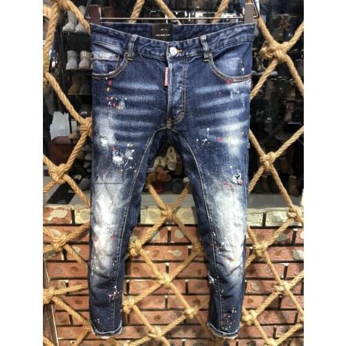 New Mens Jeans With Ripped Holes And elastic Paint Spray Blue Stitching Beggar Pants A217