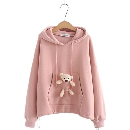 Solid Cartoon Bear Appliques Women Hoodies And Sweatshirts Loose Long Sleeve Hooded Tracksuits For Sweet Style Female Pullover