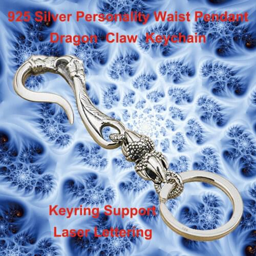 Punk Retro Fashion Waist Pendant Solid 925 Sterling Silver Cool Mens Biker Dragon Claw Keychain Keyring Belt Clip 8J017