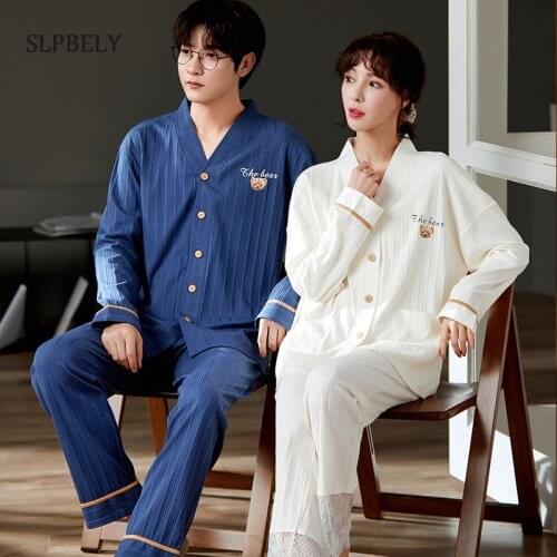 SLPBELY Couple Pajamas Set Homesuit Autumn Winter Soft Cartoon Bear V Neck Long Sleeve Men Women Nightwear Lovers Home Clothing