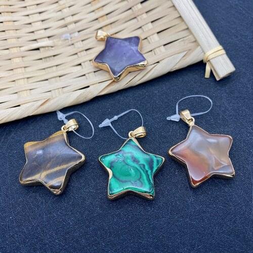 Natural Stone Pendant Pentagram Tiger Eye Malachite Amethyst Color Chakra Pendant DIY Necklace Jewelry Healing Stone Accessories