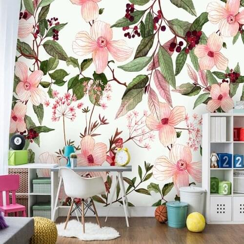 Custom Photo Wallpaper 3D Hand Painted Watercolor Pink Flowers Plants Fresh Mural Background Living Dining Room Wall Art Decor