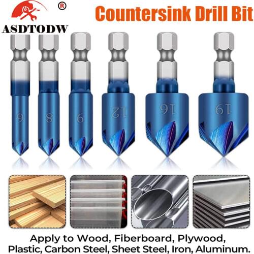 6PCS Industrial Countersink Drill Bit 1/4" Hex Shank 90 Degree Wood Chamfering Cutter Blue Coated Chamfer Tool