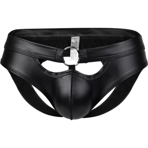 Faux Leather Mens Briefs Sexy Underwear Penis Pouch PU Hollow Open Butt Backless Jockstrap Erotic Underpants Panties Stage Wear