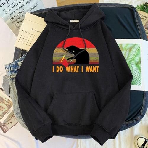 I Do What I Want Cool Black Cat Cartoon Print Hoodie Womens Oversized Kawaii Round Neck Sweatshirt Lady Loose Slim All-Match Top
