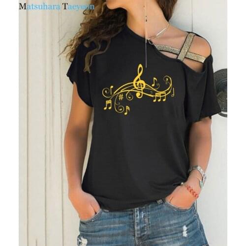 Women Tshirt Print Music Notes Tee Womens T-shirt Summer Female Harajuku T Shirt Irregular Skew Cross Bandage Tops 2020 New