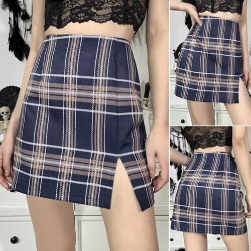 Womens Plaid Slit Half-Life Skirt European and American Spring and Summer High Waist Short Skirt Plaid