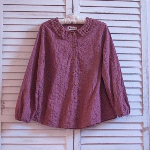 Japan Style Mori Girl Fresh Literary Embroidery Lace Peter Pan Collar Long Sleeve Womens Shirt