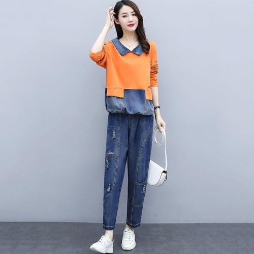 2021 spring new womens fashion plus size Patchwork denim tops+Ripped jeans suits female vintage large size two-piece sets s469