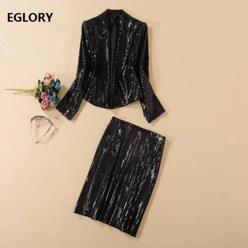 2020 Autumn Winter Fashion Jacket Sets Women Lurex Sequined Coat Jackets+Sequined Pencil Skirt Sets Ladies Sexy Casual Club Suit