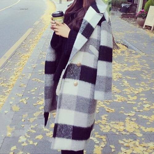 New Autumn Winter Cashmere Trench Jacket Women Casual Black White Plaid Coat Thickness Warm Button Pocket Jackets