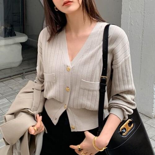 Korean Chic V-neck Knitted Cardigan Sweater Women Full Sleeve Golden Buttons Jumpers Vintage Elegant Female Tops 2021