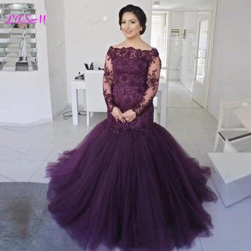Elegant Beaded Lace Tulle Mermaid Evening Formal Dress Off the Shoulder Long Sheer Sleeves Prom Party Gowns Vestido Longo Festa