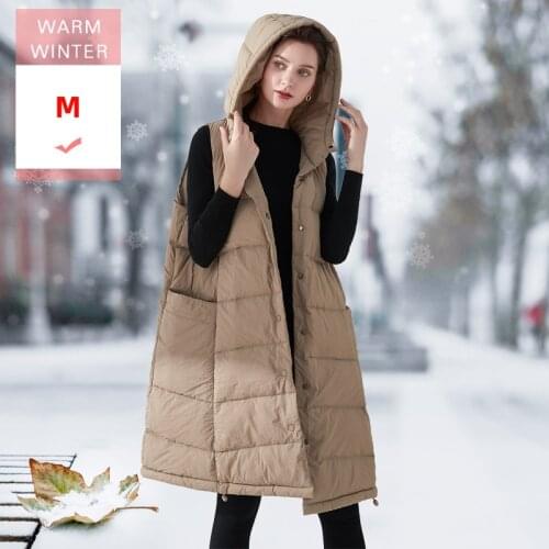 New Women Long White Duck Down Vest With Hood And Big Pockets Female Loose Casual Warm Soft Sleeveless Coat Windproof Waistcoat