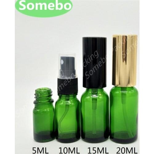 500pcs 5ml 10ml 15ml 20ml 30ml 50ml 100ml Green Glass Bottle with Fine Mist Sprayers Glass Sprayer bottle for Essential oil