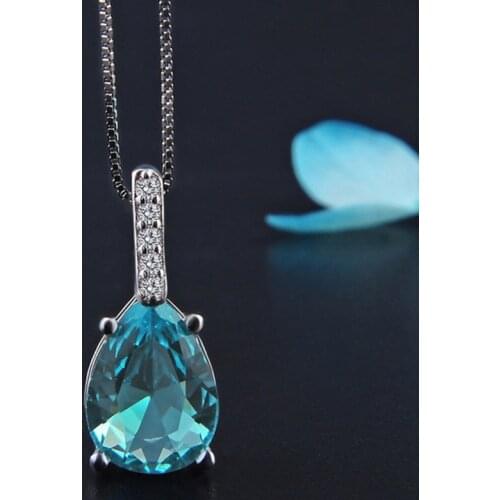 BLACK ANGEL 925 Sterling Silver Lab Created Topaz Pendant Blue Crystal Gemstone Water Drop Necklace For Women Wedding Jewelry