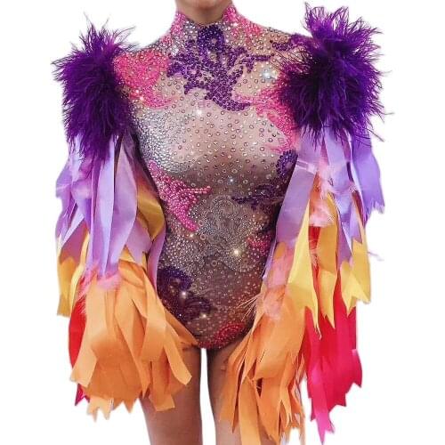 Colored Ribbon Feathers Long Sleeve Rhinestones Appliques Bodysuit Shiny Costume Women Backless Personality Performance Costume