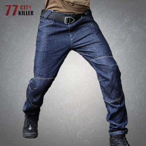 Military Tactical Denim Pants Men Casual Multi-pocket Elasticity Trousers Male Army SWAT Combat Work Cargo Jeans Mens Joggers