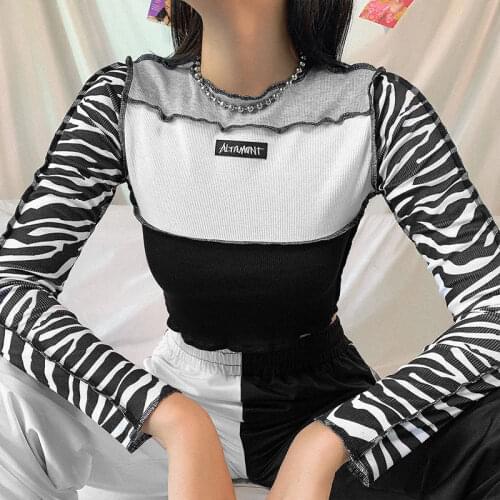 Sweet and cool performance zebra pattern contrast retro long-sleeved T-shirt womens top hot girl short top all-match