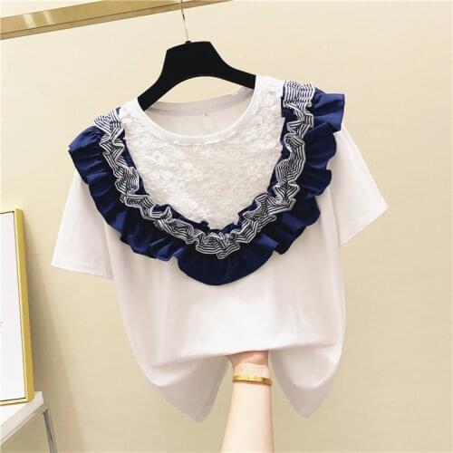 Lace Joint Frilled Pure Cotton Short-sleeved T-shirt Womens 2020 Summer Wear Korean-style Loose-Fit Students T-shirt T Shirt