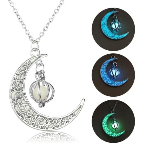 Moon Glowing Necklace Gem Charm Jewelry Silver Plated Women Halloween Pendant Hollow Luminous Stone Pendant Necklace Gifts