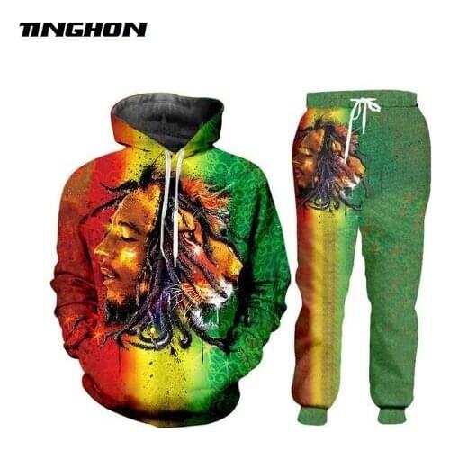XS-7XL New Fashion Mens/Womens Bob Marley Lion Funny 3D Print Hoodie+Pants