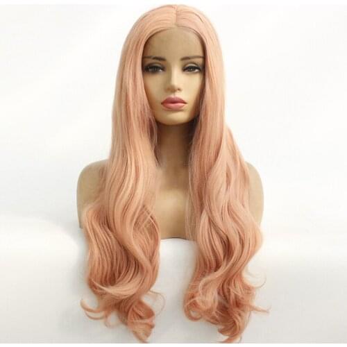 Cosplay Wig Pink Color Long Wavy Wig Sexy Body Wave Fiber Hair Heat Resistant Gluelese Synthetic Lace Front Wigs for Black Women