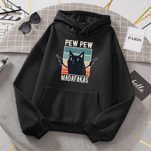 Pew Pew Madafakas Black Cat Cartoon cool Hoodies Womens Casual Loose Oversize Sweatshirt Fashion Crewneck Pullover Hoodie Female