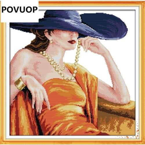 POVUOP cross stitch 61X61cm/24''X24''11ct Precision printed shepherd Cross stitch Graceful Noble woman