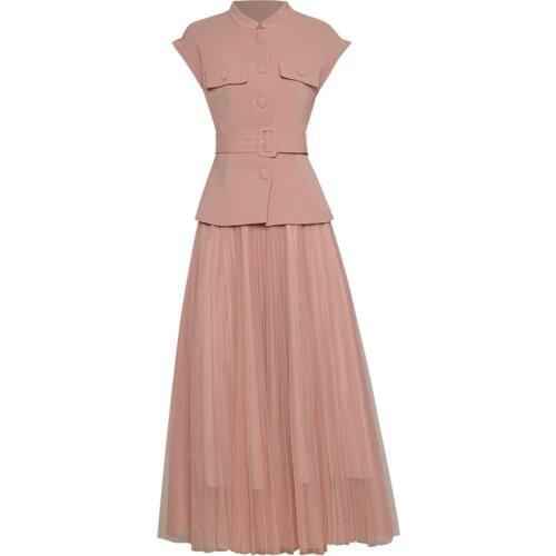 Pink/Yellow Two Piece Set Mandarin Collar Single Breasted Button Flap Pockets Top + Elastic Waist Long Maxi Mesh Skirt