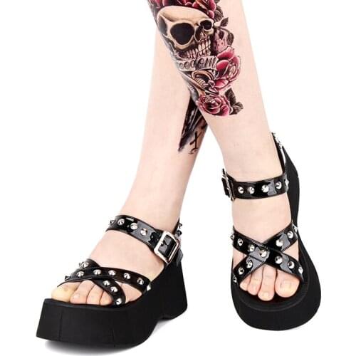 Summer New Dark Gothic Style Lolita Sandals Open Toe Rivet Platform Women Punk Shoes High Heels 8cm Wedge Sandals Big Size 33-47