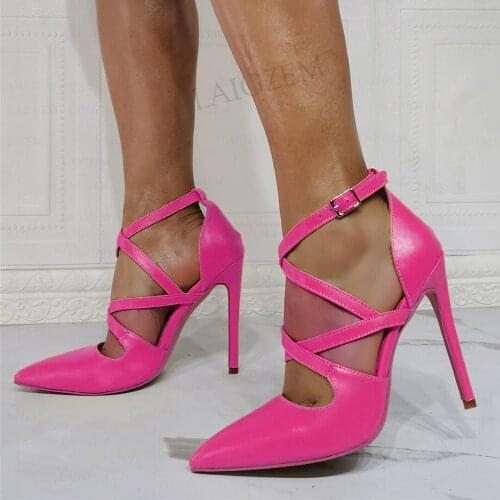SEIIHEM Women Pumps Cross Straps High Heeled Sandals Faux Leather Pointed Toe lady Shoes Woman Party Club Prom Big Size 41 44 47