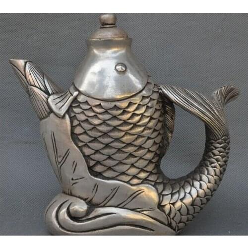 Decoration brass factory outlets Tibet Silver 7"Old Chinese Dynasty Silver Auspicious Fish barracuda Statue Wine TeaPot