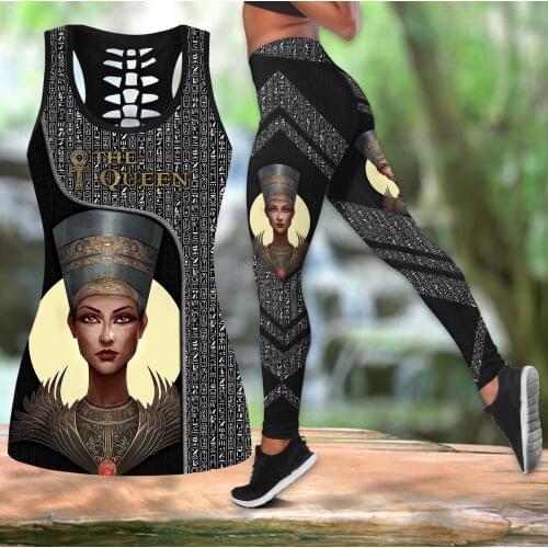 The Queen Ancient Egypt 3D Printed Hollow Tank Top & Leggings Set Fitness Female Full Length Leggings Yoga Pants LKB-24