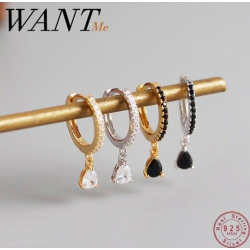 WANTME Real 925 Sterling Silver Geometric Black Zircon Simple Ear Buckle for Fashion Women 2020 Rock Mens Jewelry Earrings Gift