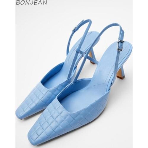New Spring & Summer2020 Women Slingbacks square toes Shallow stitch blue Sheepskin leather Fashion Shoes Sandals French Style