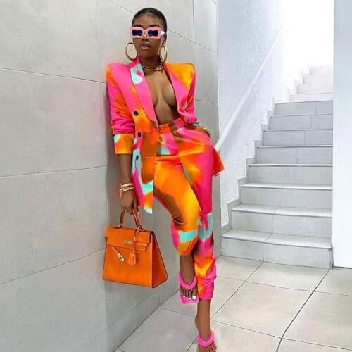 Women Blazer Pencil Pants Set Two Pieces Single Breasted Streetwear Fashion Autumn Casual Personality Printed Ladies Pant Sets