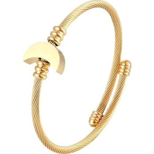 New Arrival Adjustable Size Crescent Shape Bangle Stainless Steel Twisted Cable Wire Jewelry Gold Color Bracelets for Women