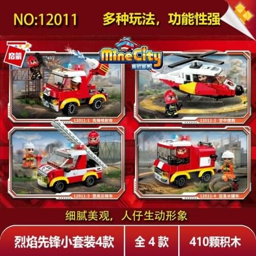 410PCS Enlightenment 12011 Four Suits Flame Pioneer Fire Truck Aircraft Assembly Model Building Blocks Toy Gift