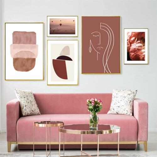 Abstract Line Human Face Canvas Painting Geometric Art Prints Red Flower Poster Nordic Interior Minimalist Pictures Wall Decor