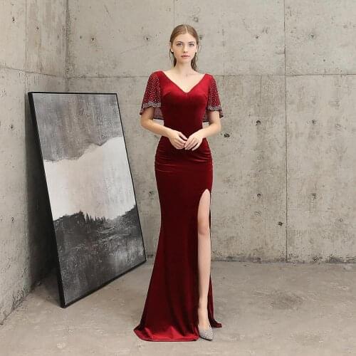 Beauty-Emily Ruffles V Neck Velvet Evening Dresses Long Sequins Split Formal Mermaid Party Gowns 2020 Beads Elegant Dress Hot
