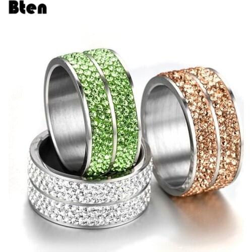 Bten Elegant Green Crystal Color Rhinestone Crystal Ring Wide Stainless Steel Love Rings For Women Engagement Jewelry