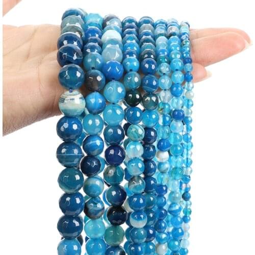 Faceted Blue Striated Agate Onyx Natural Stone Bead Smooth Round Loose Spacer Bead For Jewelry Making DIY Bracelet 4/6/8/10/12MM