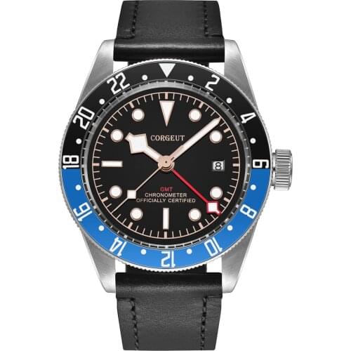 Corgeut 41mm mens watch GMT Automatic Mechanical wristwatch date sapphire glass black dial waterproof Luxury Military watch