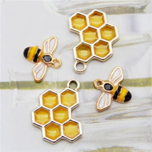 Julie Wang 4PCS Enamel Honeycomb And Bee Charms Mixed Hive Honeybee Pendants Alloy Necklace Bracelet Jewelry Making Accessory