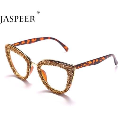 JASPEER Cat Eye Shiny Glitter Sunglasses Frames Women Anti Blue Eyeglasses Frames Female Rhinestone Handmade Eyewear