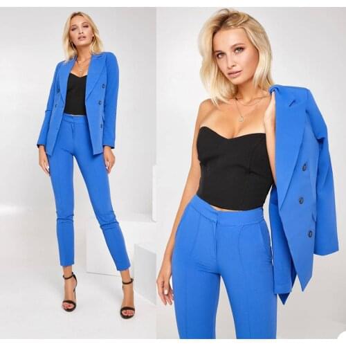 Formal Women Blazer Suits Blue Long Sleeve Double Breasted Ladies Outfits Evening Party Wedding Slim Leg Pants Suit 2 Pieces