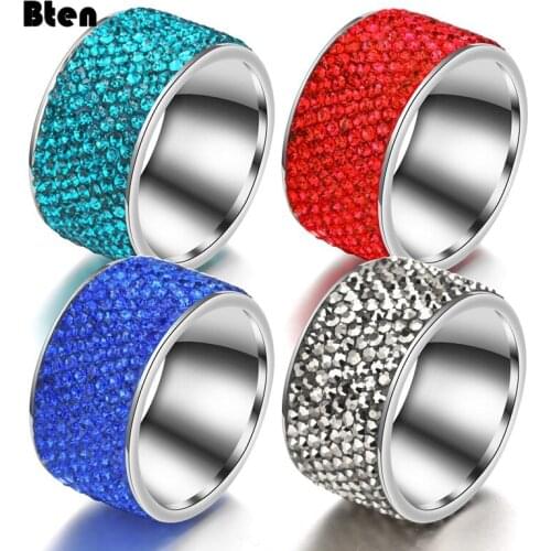 Bten Fashion Full Crystal Big Wedding Rings For Women Romantic Stainless Steel Rings Femme Silver Color Ring Female
