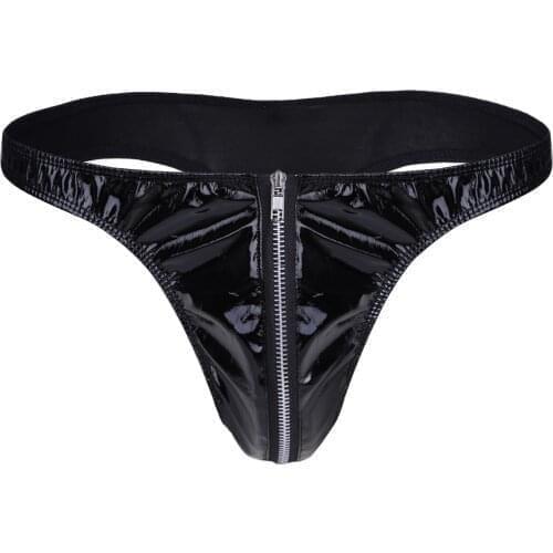 Fashion Male Mens Lingerie Patent Leather Briefs Bikini Underwear Underpants with Front Zipper for Costumes Sexy Thongs Panties