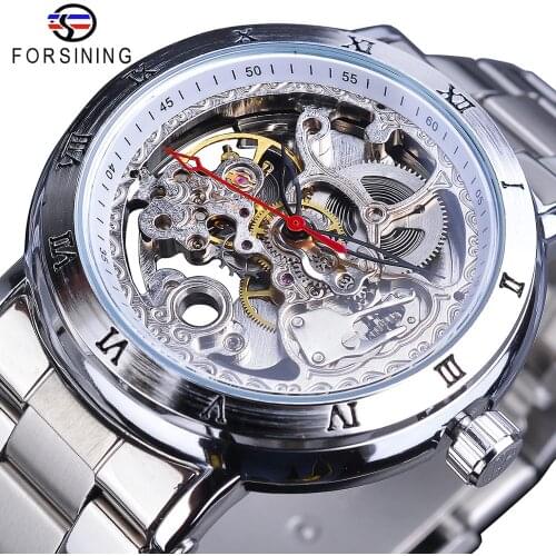 Forsining Transparent Skeleton Dial Automatic Watch Roman Numerals Silver Stainless Steel Men Waterproof Sport Mechanical Watch